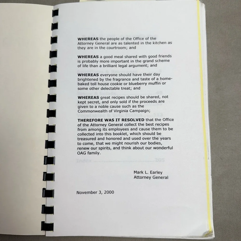 What's Cooking at The AG's Office Virginias Attorney‎ General Earley SIGNED 2000